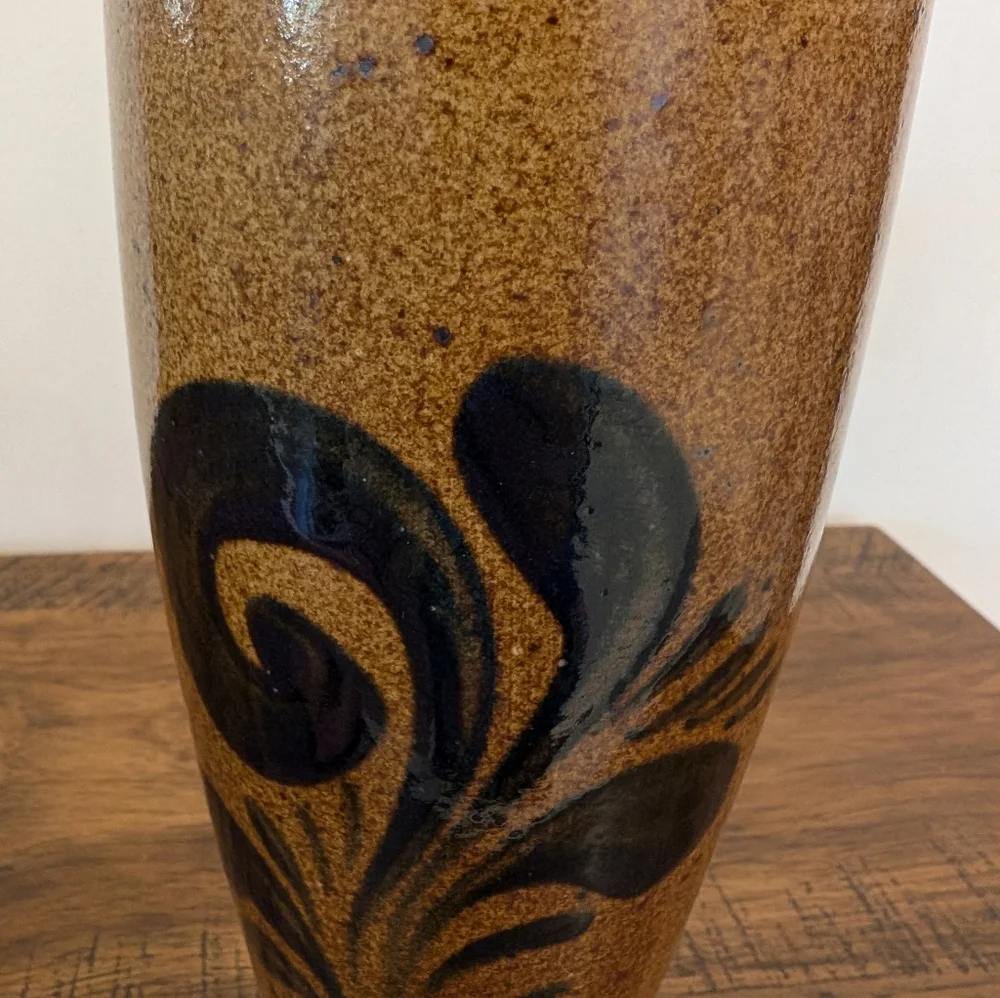 Vintage Stoneware Pottery Vase Blue Flower Decorated Vase 9.5” Tall